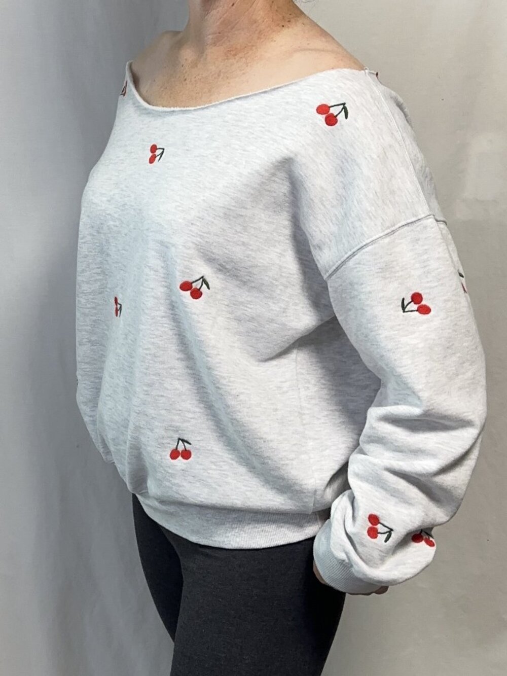 Cherry Print Off-Shoulder Grey Fleece Sweatshirt